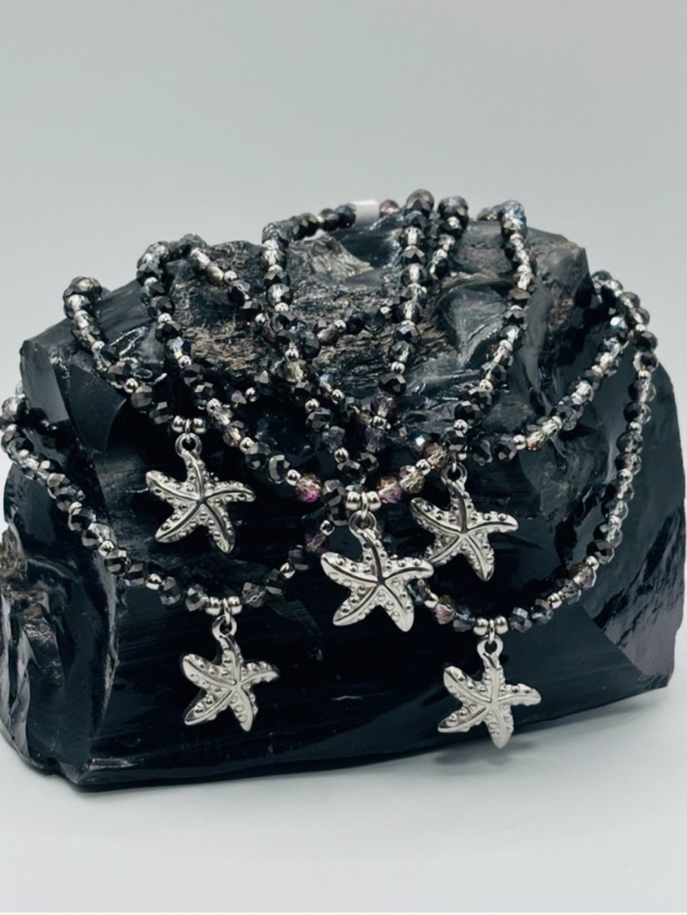 *ANKLET* Silver Starfish with Red Rose Gun Black Glass Stretchy Anklet